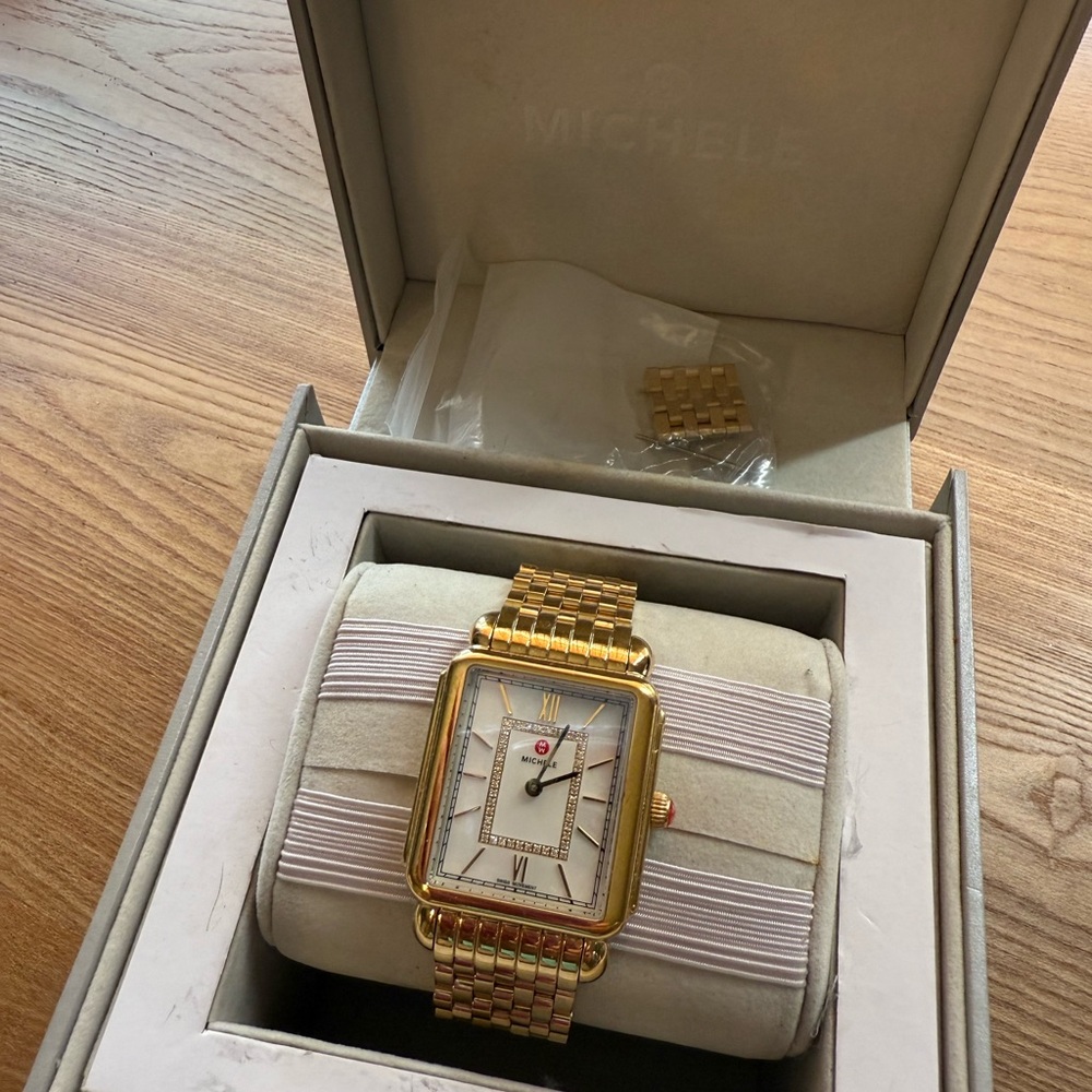 Michele Gold Rectangular Watch with White Oyster … - image 3